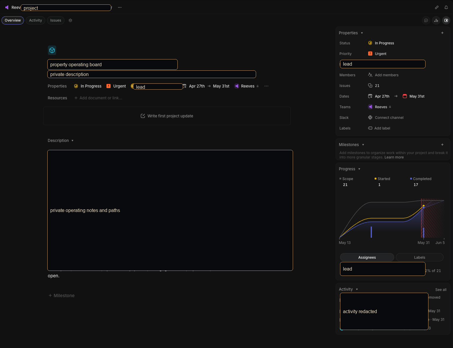 Redacted Linear project board showing progress, scope, and evidence rules with private address and file paths removed.