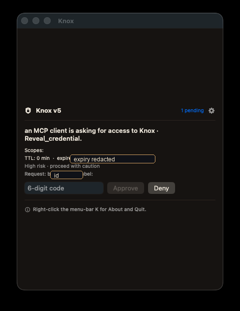 Redacted Knox pending approval request asking for access to reveal a credential.