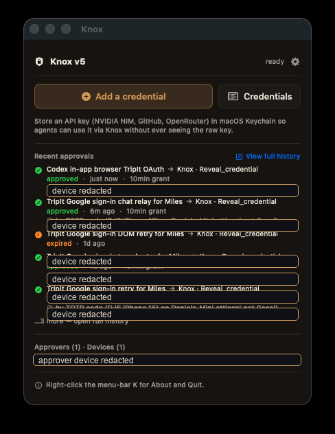 Redacted Knox approval dashboard showing recent approvals and expired requests.