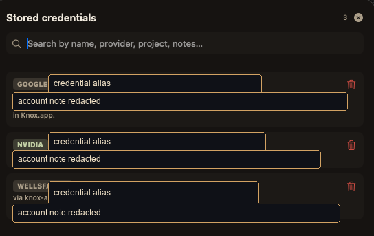 Redacted Knox stored credentials list with account aliases and notes hidden.