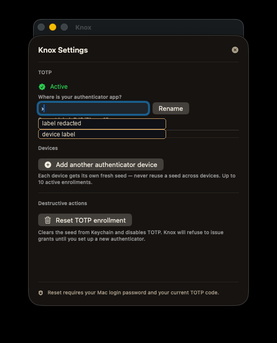 Redacted Knox TOTP settings showing active enrollment, additional authenticator option, and reset controls.