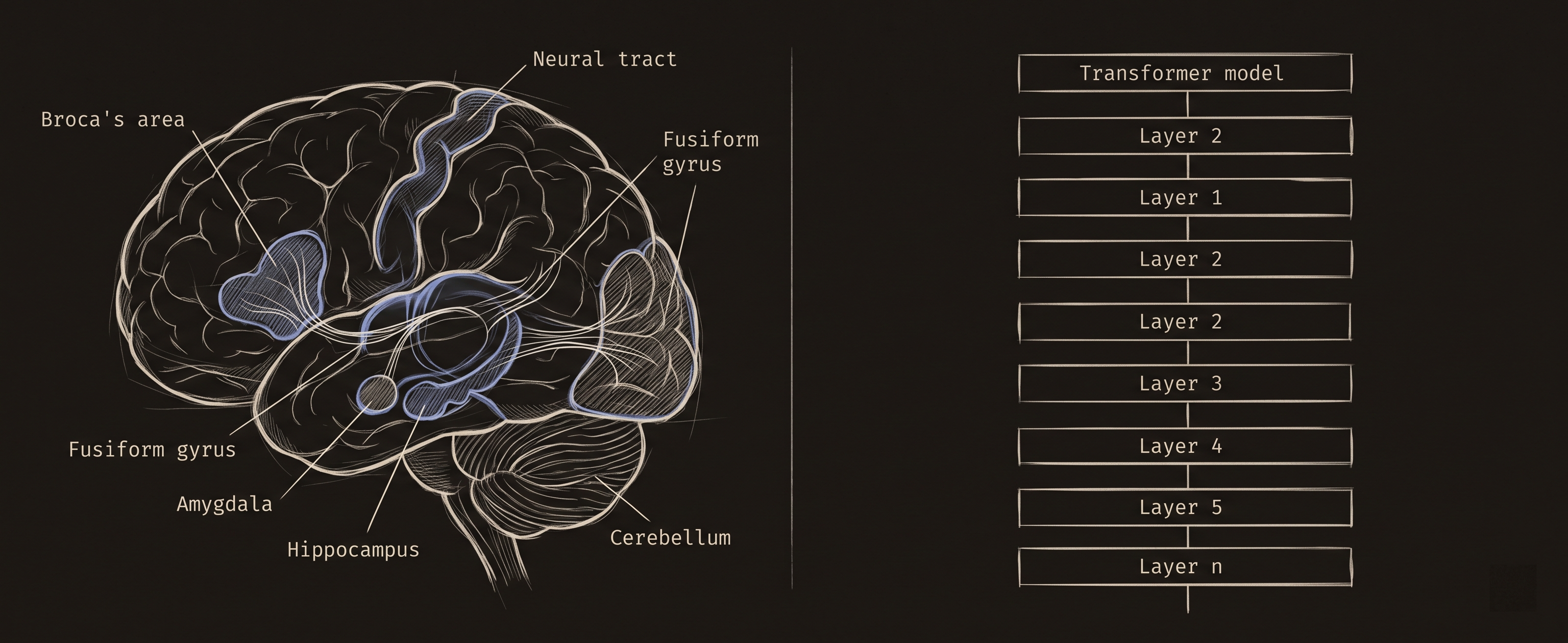 Brain with distinct labeled regions (Broca's, fusiform, amygdala, hippocampus, cerebellum) connected by neural tracts vs transformer as uniform stacked identical layers.