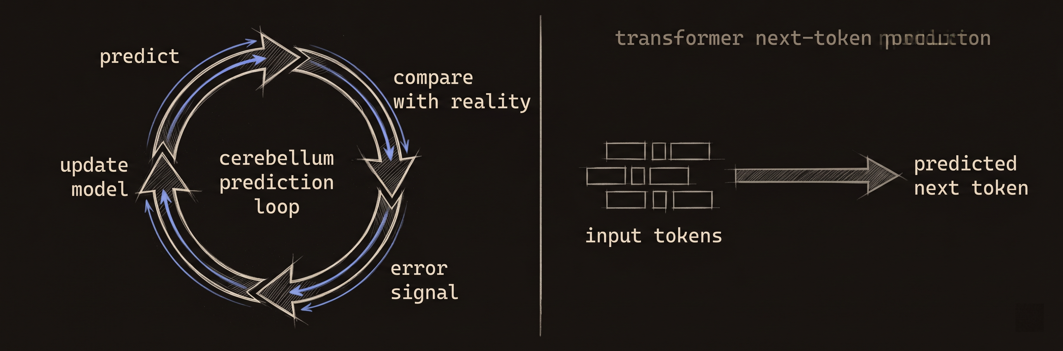 Cerebellar prediction loop (predict, compare, error, update — circular) vs transformer next-token prediction (straight arrow, one shot).