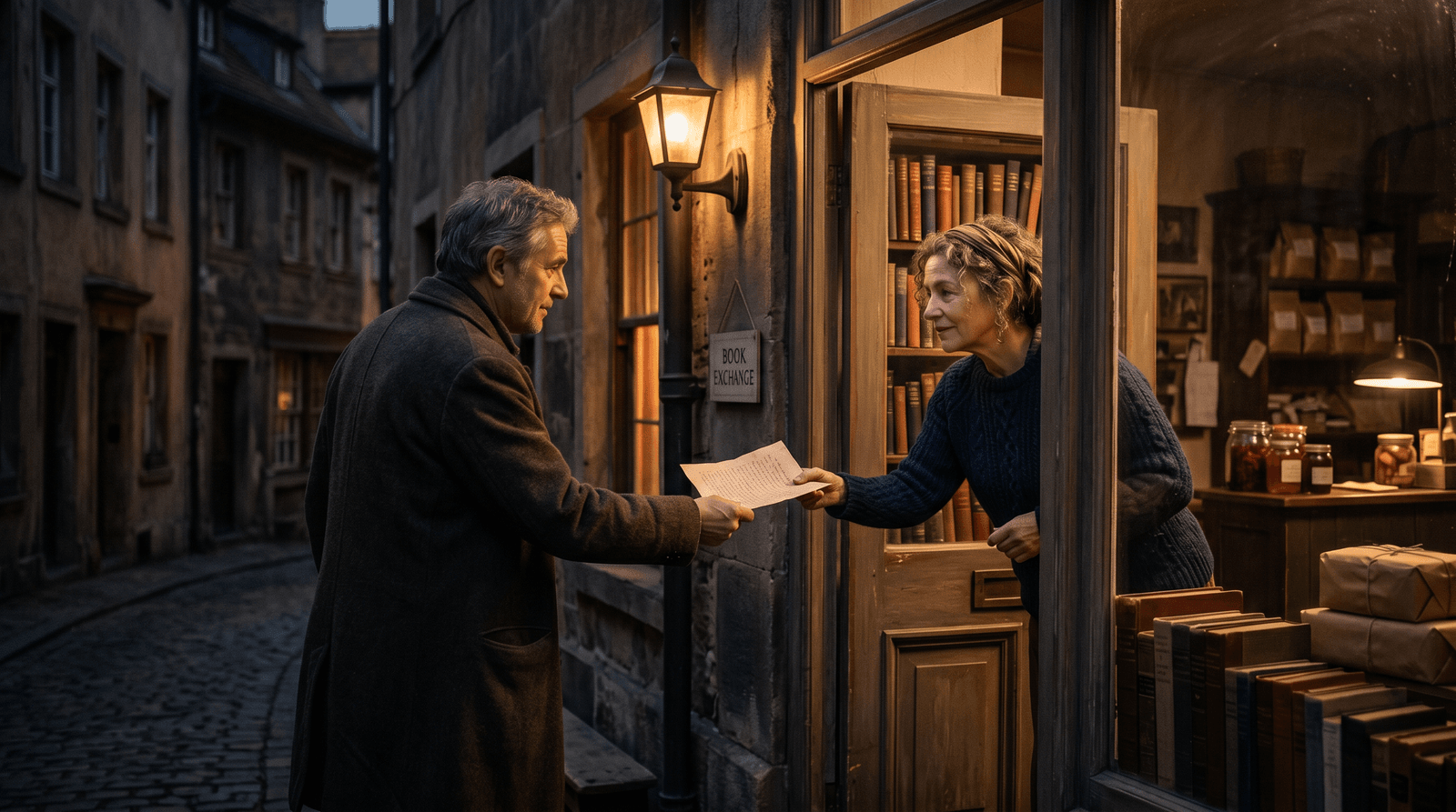 At dusk on a cobblestone street, a person hands a freshly printed page across a glowing bookshop doorway to a neighbor.