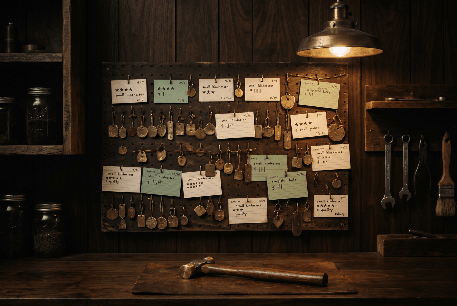 A worn workshop pegboard hung with small earned brass tokens and rated index cards, lit warmly — a record of many small kindnesses.