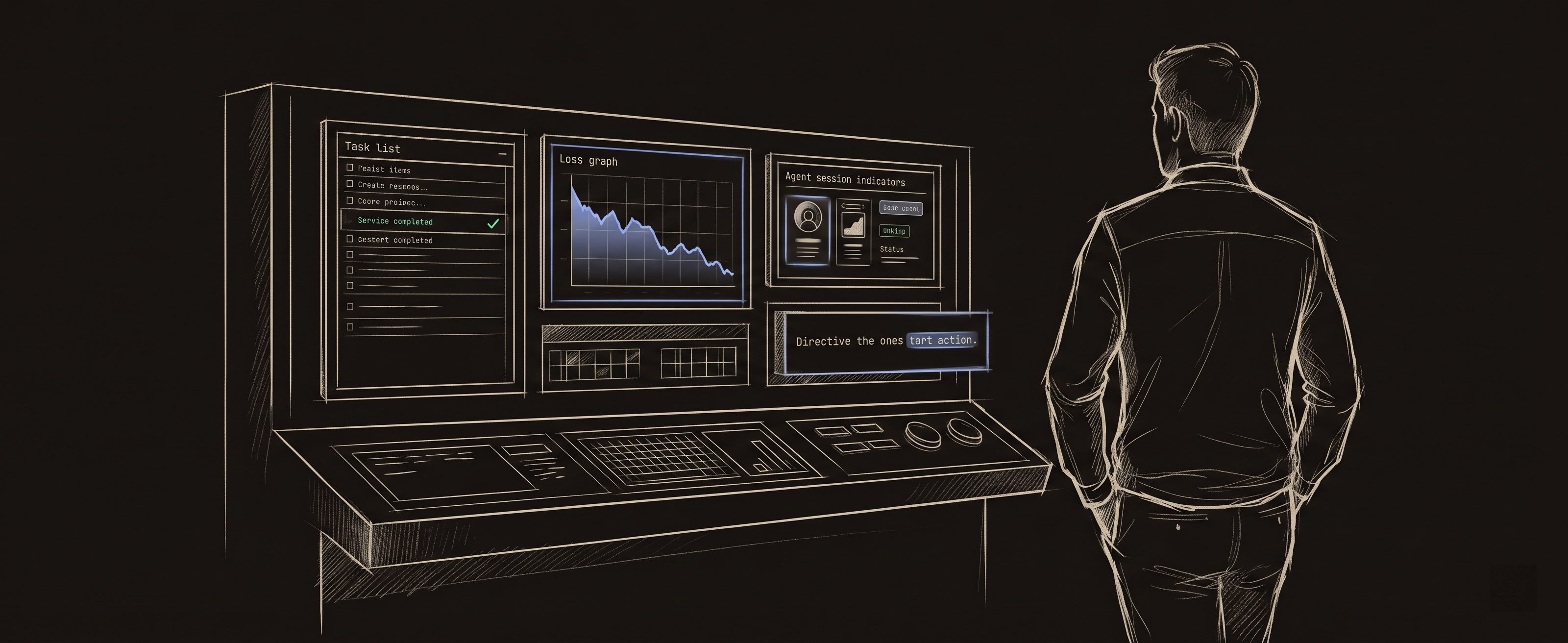 Founder standing back from a control panel running itself — loss graph declining, task list updating, directives issuing. Earned delegation.