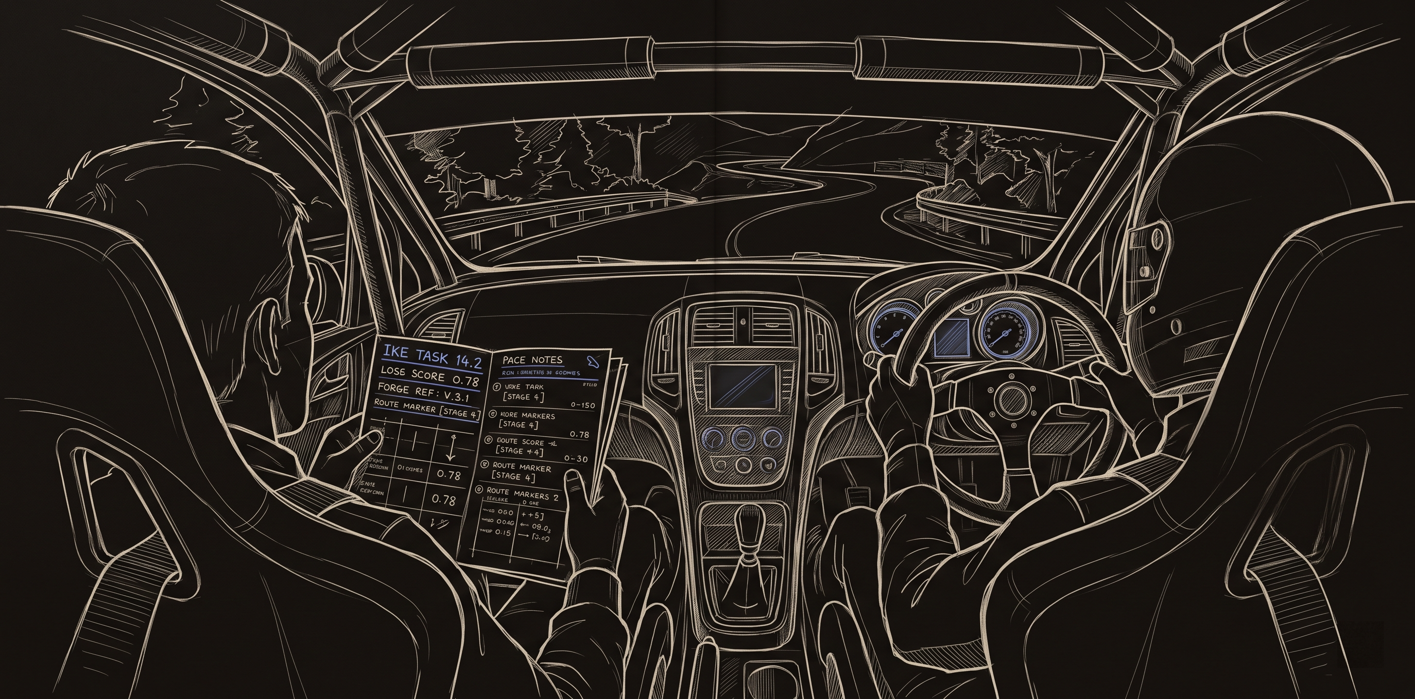 Rally car cockpit: navigator holds pace notes with task data, driver grips wheel, winding road ahead. Pencil sketch on dark background.