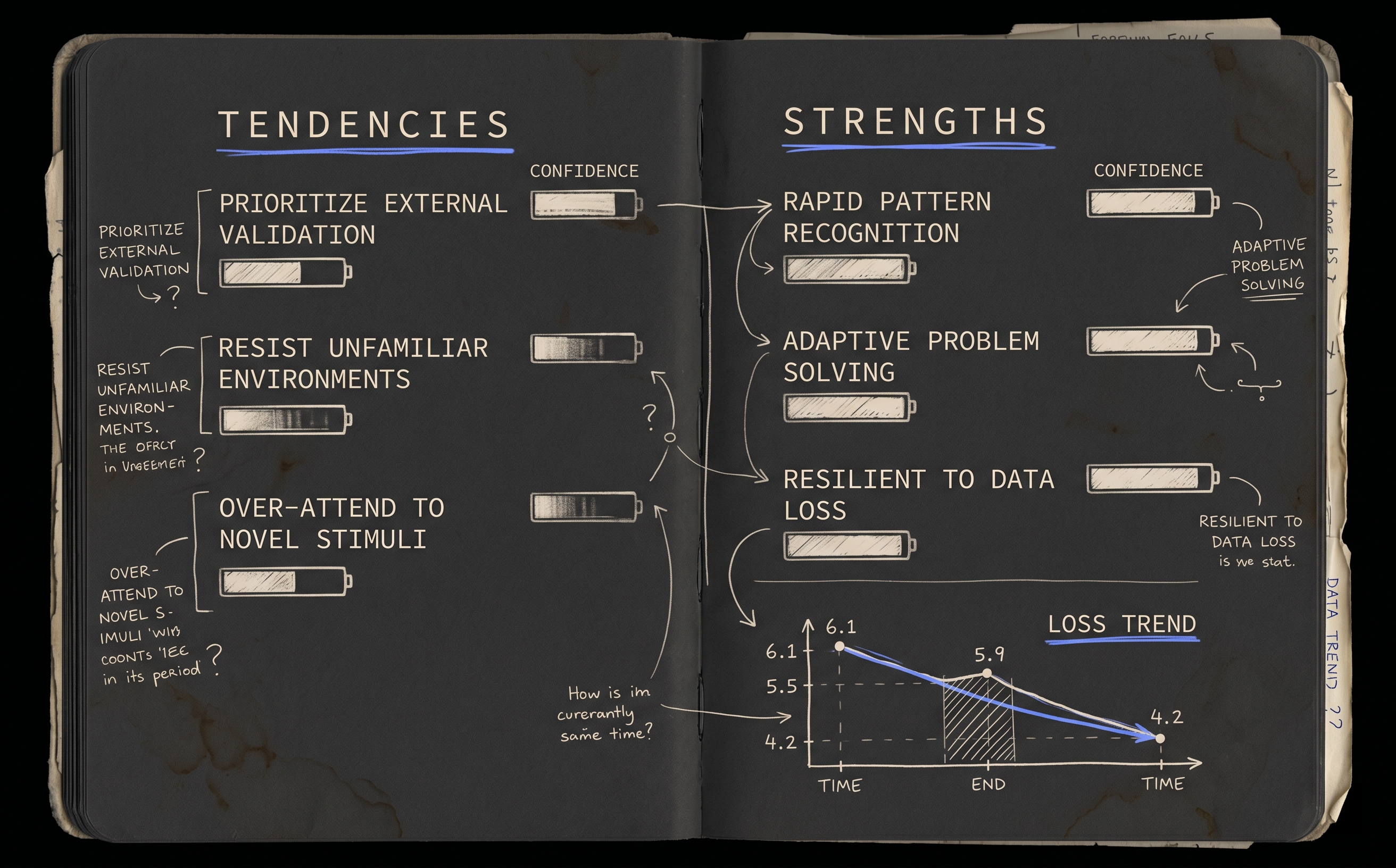 Self-model journal: tendencies with confidence bars on the left, strengths on the right, loss trend graph declining from 6.1 to 4.2 at bottom. Worn notebook aesthetic.