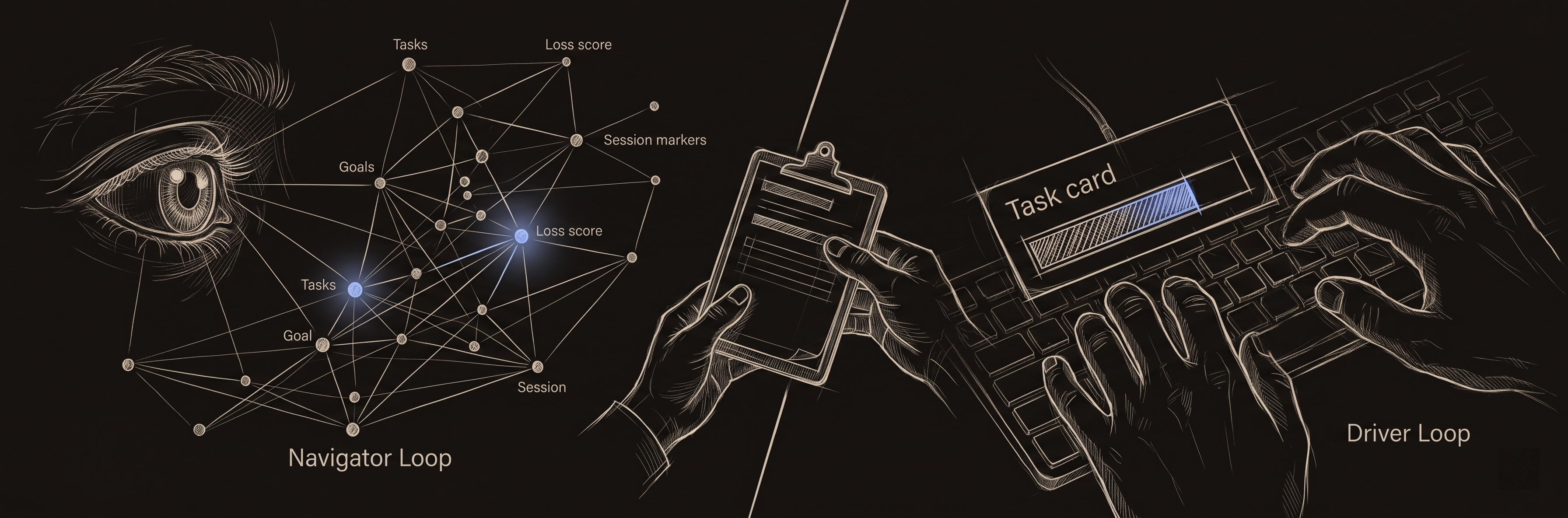 Two loops: navigator eye watches constellation of tasks, goals, and loss scores, handing a task card to driver hands on keyboard.