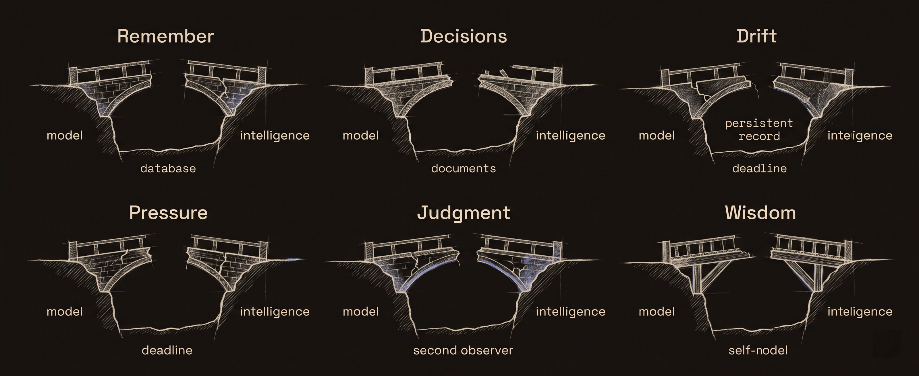 Six broken bridges labeled Remember, Decisions, Drift, Pressure, Judgment, Wisdom — each showing what's missing underneath to cross from model to intelligence.