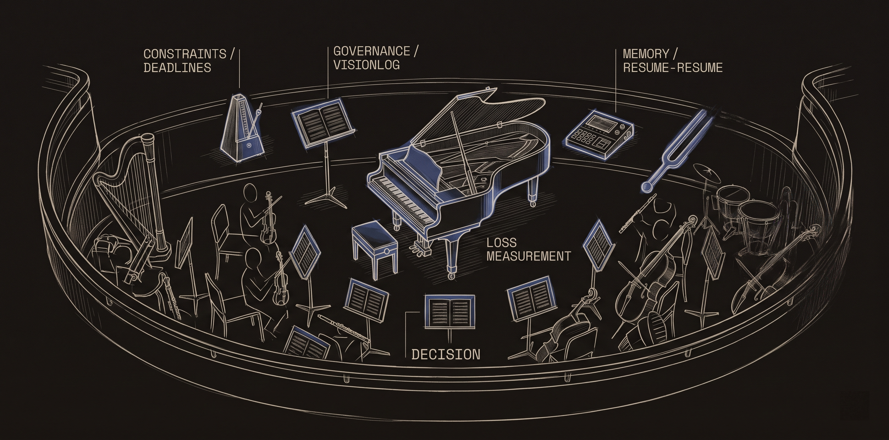 Orchestra pit from above: grand piano (LLM) at center, surrounded by instruments labeled Constraints, Governance, Memory, Loss Measurement, Decision records.