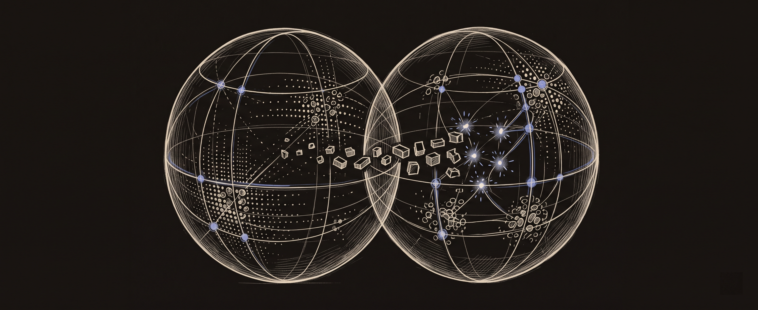 Two wireframe vector spaces with different internal structures. Blocky tokens pass between them. Blue sparks appear where tokens land in the second space — serendipity points neither model would have found alone.