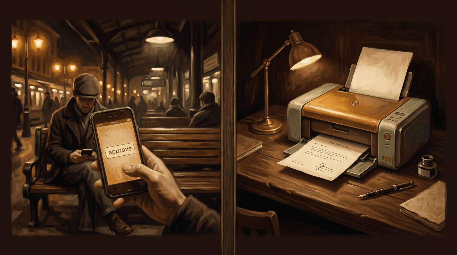 A split scene at night: a traveler at a lamplit station tapping approve on a phone, and the same page easing out of a printer on a warm wooden desk.